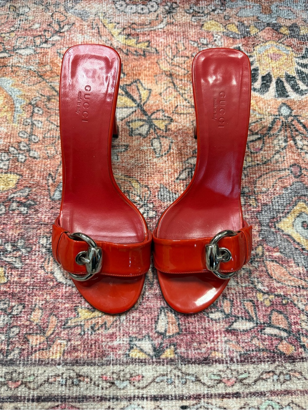 Gucci Red Patent Leather Mule Sandals with Silver Horsebit